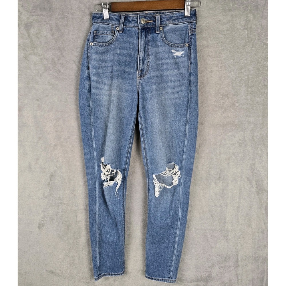 American Eagle Mom Jeans Womens 00 Regular Medium Wash Distressed High Rise Blue